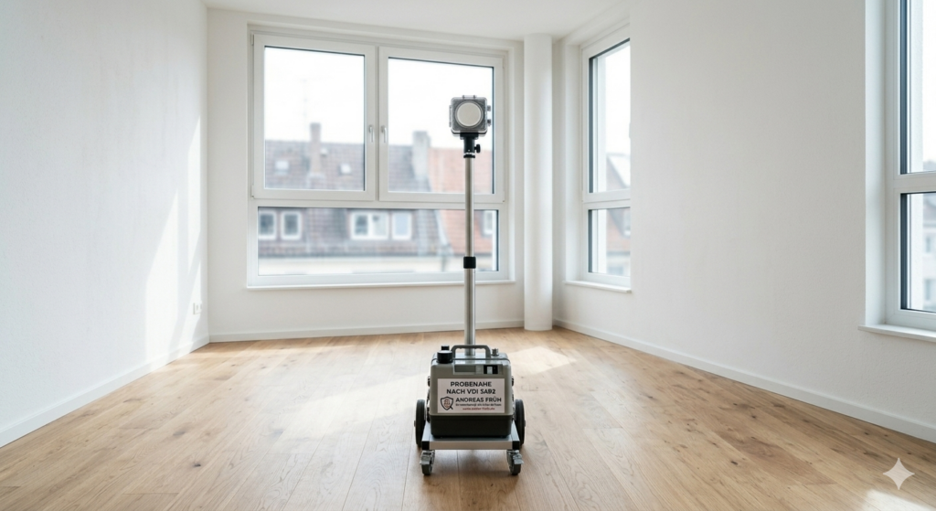 Professionelle Raumluftmessung nach VDI 3492 in einem Innenraum. Das Messgerät prüft die Luftqualität, um eine Gefährdung durch Asbestfasern nach dem Rückbau auszuschließen.