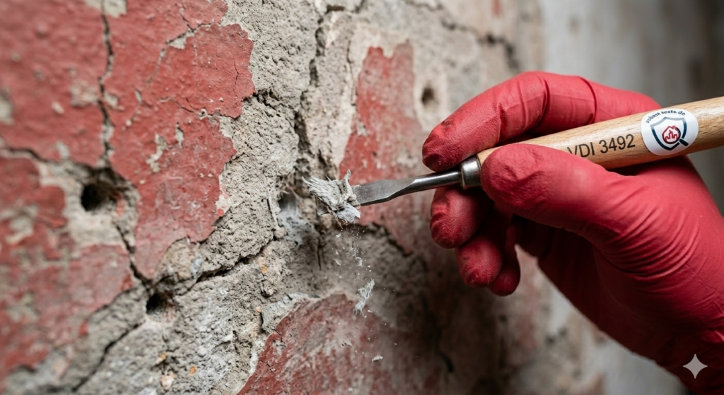 Fachgerechte Materialprobenahme an einer Wand. Die Analyse im Labor identifiziert krebserregende Altlasten wie Asbest in Putzen und Spachtelmassen vor dem Abbruch.